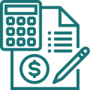 Icon showing calculator and paper and pen with dollar symbol to show calculation of PTSD compensation claim