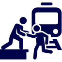 Icon showing a passenger on train tracks being pulled onto the platform before being hit by a train