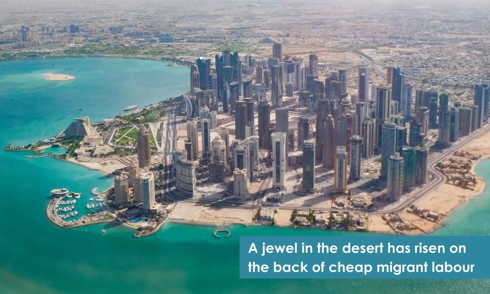 Doha city in Qatar aerial photo with ocean, city and desert