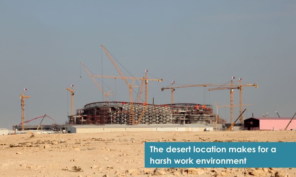Qatar stadium under construction with cranes in the desert