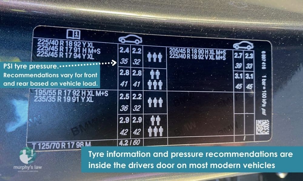 Tyre pressure sticker inside drivers door