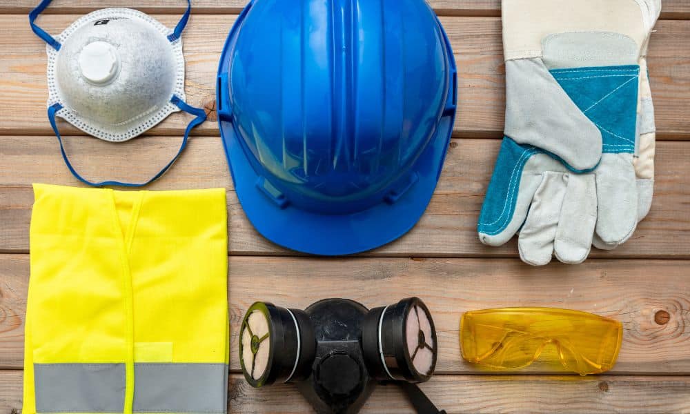 Workplace PPE safety equipment including hard hat, gloves and respirator